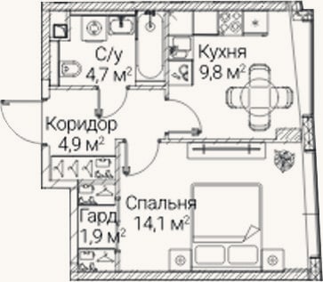 Планировка: 1-к, 35,4 м²