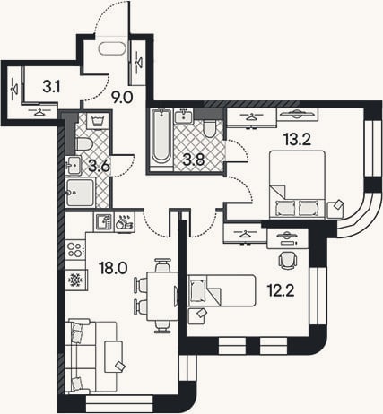 Планировка: 3-к, 62,9 м²