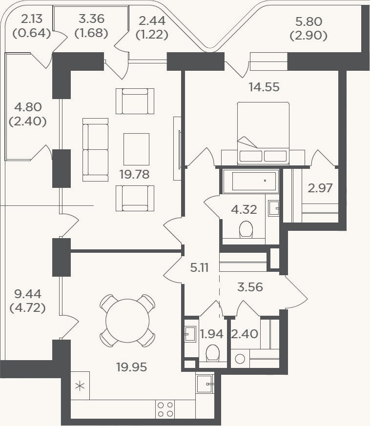 Планировка: 2-к, 74,6 м²