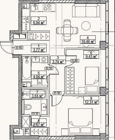 Планировка: 3-к, 56,8 м²