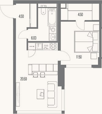 Планировка: 1-к, 47 м²