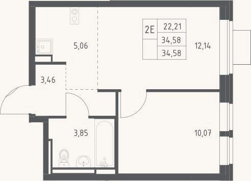 Планировка: 2-к, 34,6 м²