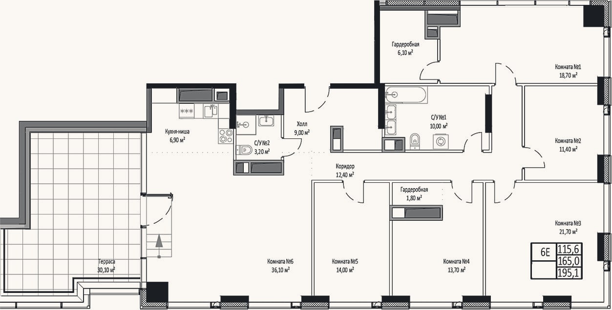 Планировка: 4+ к, 165 м²