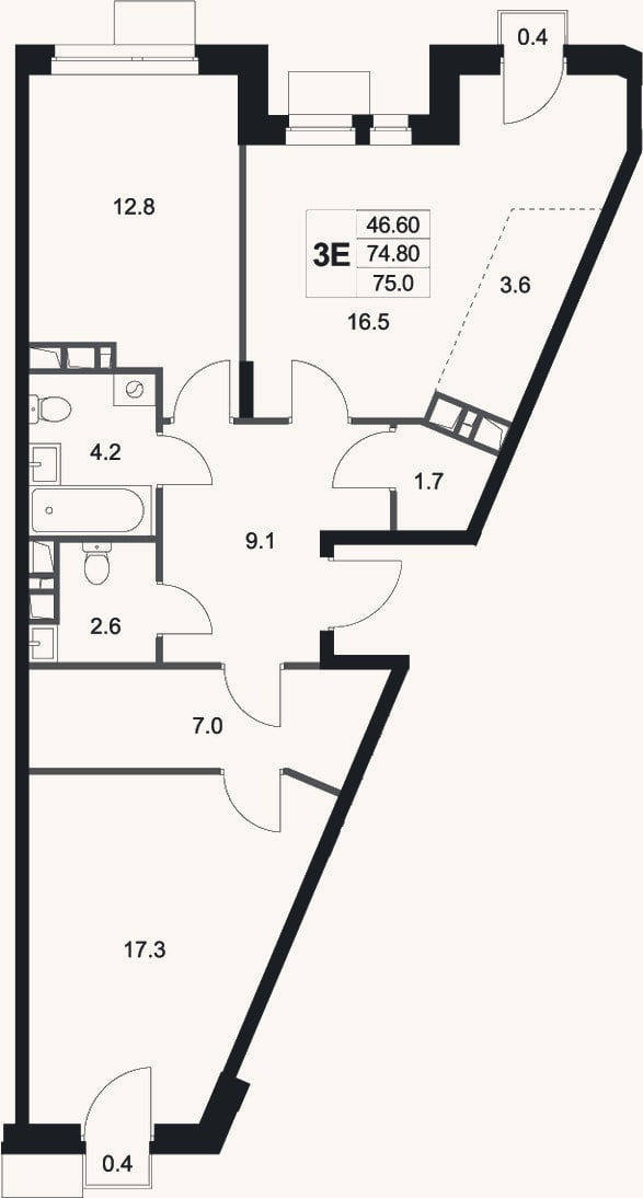 Планировка: 3-к, 74,8 м²