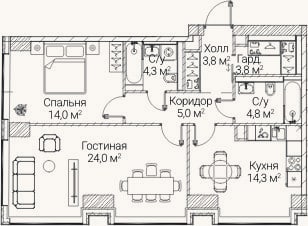 Планировка: 2-к, 74 м²