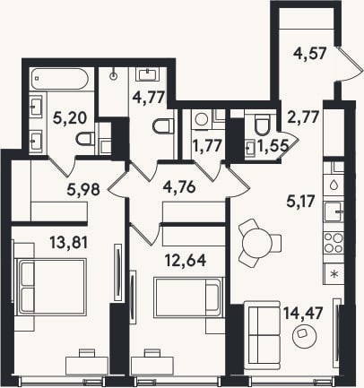 Планировка: 3-к, 77,5 м²
