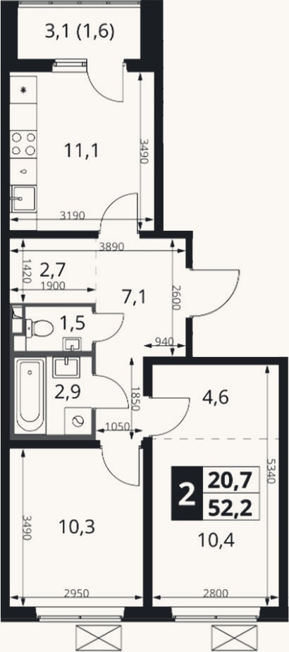 Планировка: 2-к, 50,6 м²