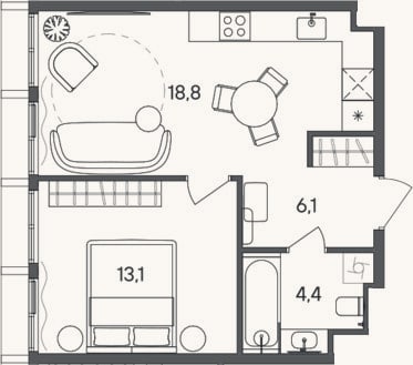 Планировка: 1-к, 42,4 м²