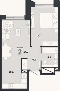 Планировка: 2-к, 44,7 м²