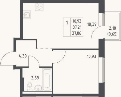 Планировка: 2-к, 37,2 м²