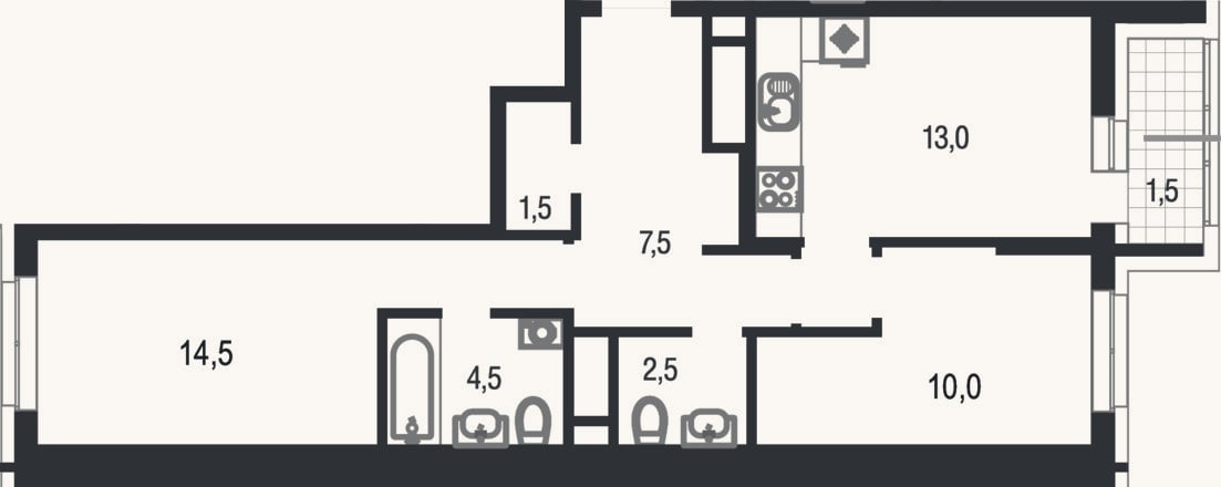 Планировка: 2-к, 54,5 м²