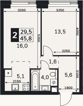 Планировка: 2-к, 45,8 м²