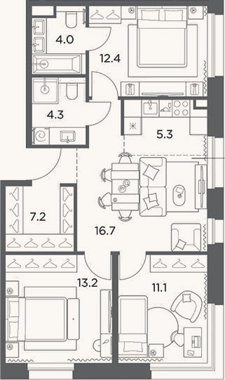Планировка: 4+ к, 74,2 м²