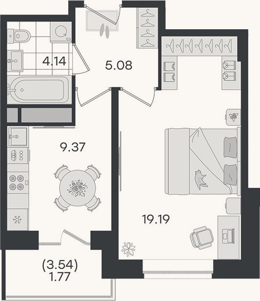 Планировка: 1-к, 37,8 м²