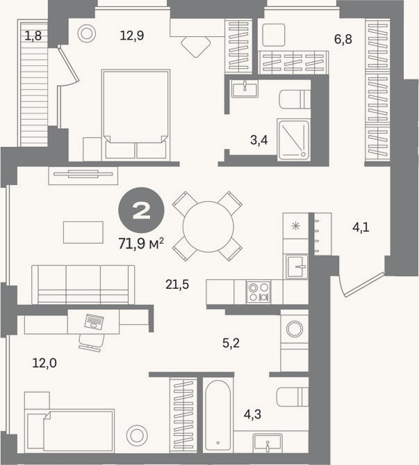 Планировка: 2-к, 70,1 м²