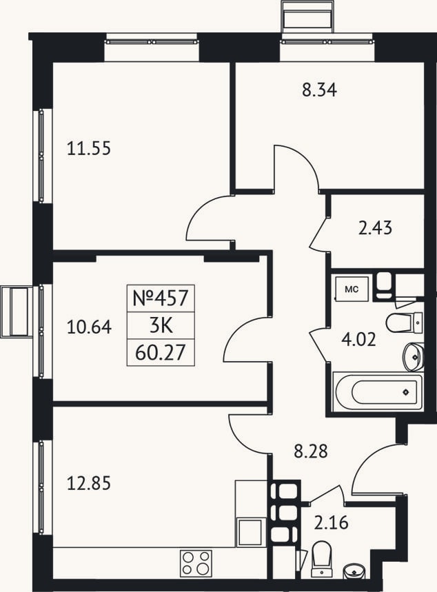Планировка: 3-к, 60,3 м²
