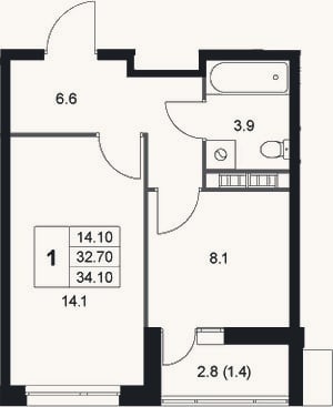 Планировка: 1-к, 32,7 м²