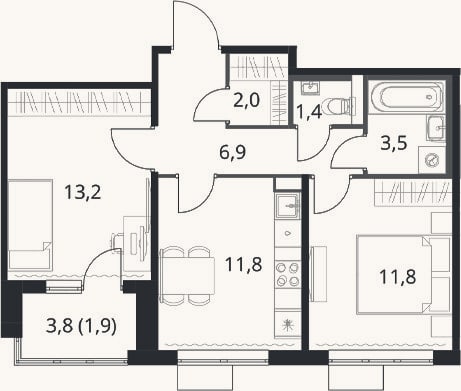 Планировка: 2-к, 50,6 м²
