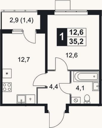 Планировка: 1-к, 33,8 м²