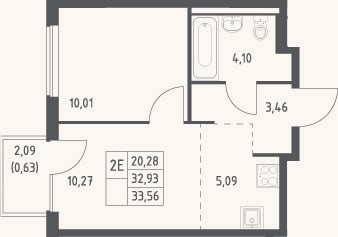 Планировка: 2-к, 32,9 м²