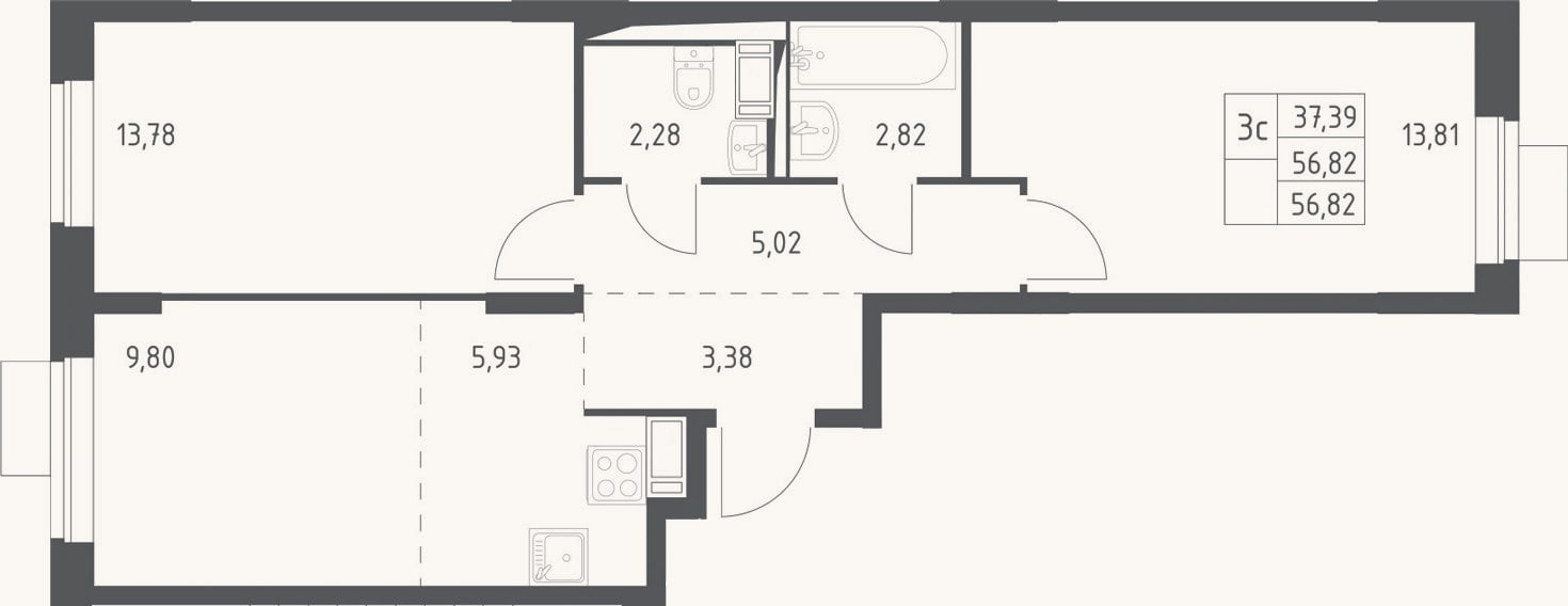 Планировка: 3-к, 56,8 м²