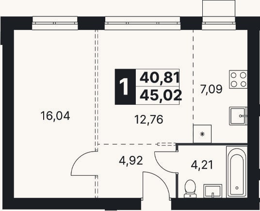 Планировка: 2-к, 45 м²