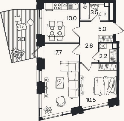 Планировка: 2-к, 51,5 м²