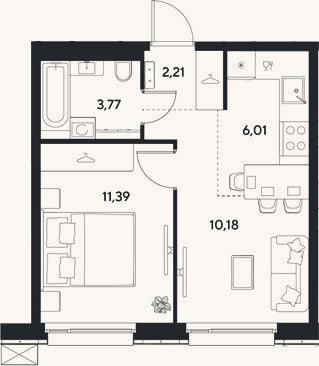 Планировка: 1-к, 33,6 м²