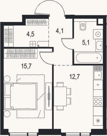 Планировка: 1-к, 42,1 м²