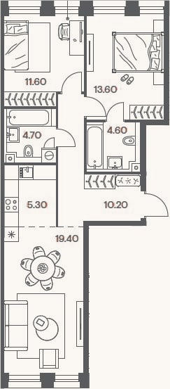 Планировка: 3-к, 69,4 м²