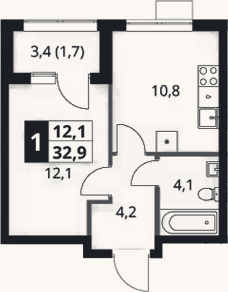 Планировка: 1-к, 31,2 м²