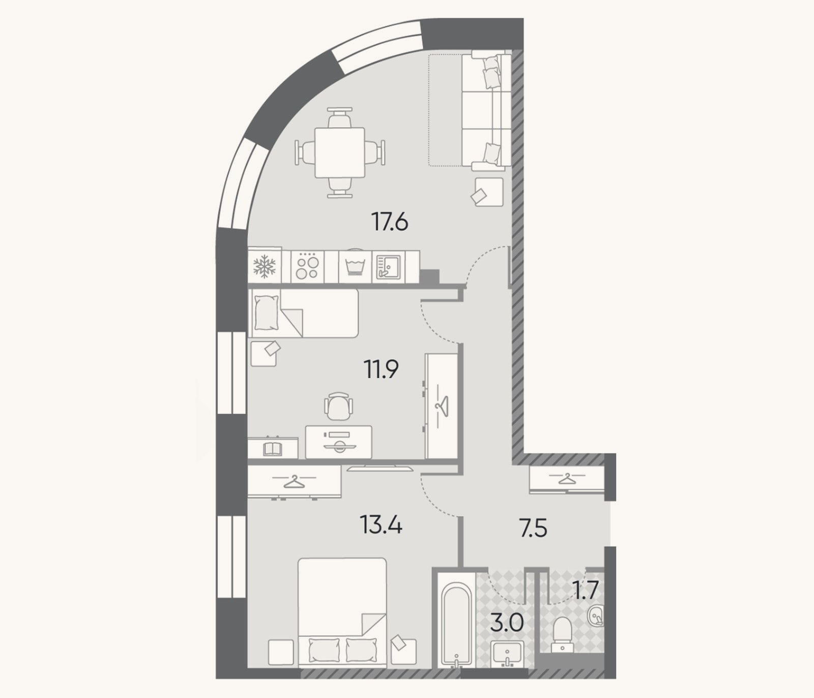 Планировка: 3-к, 55,1 м²