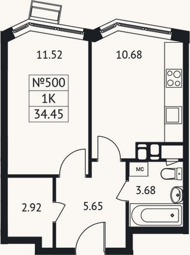 Планировка: 1-к, 34,5 м²