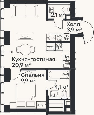 Планировка: 2-к, 40,9 м²