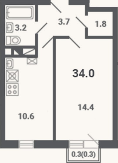 Планировка: 1-к, 33,7 м²