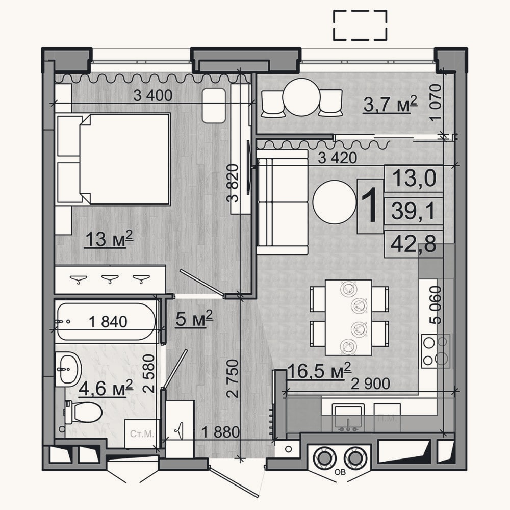 Планировка: 2-к, 39,1 м²