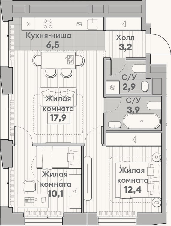 Планировка: 3-к, 56,9 м²