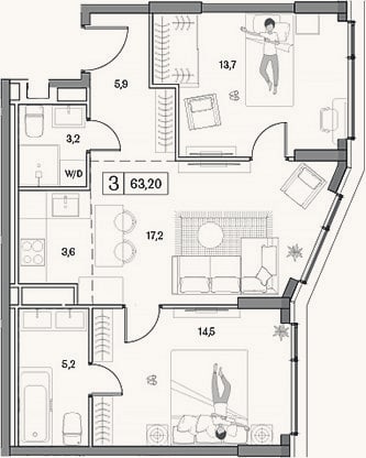 Планировка: 3-к, 63,2 м²