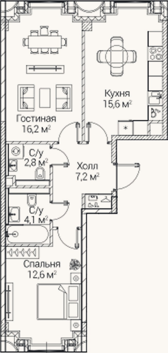 Планировка: 2-к, 58,4 м²