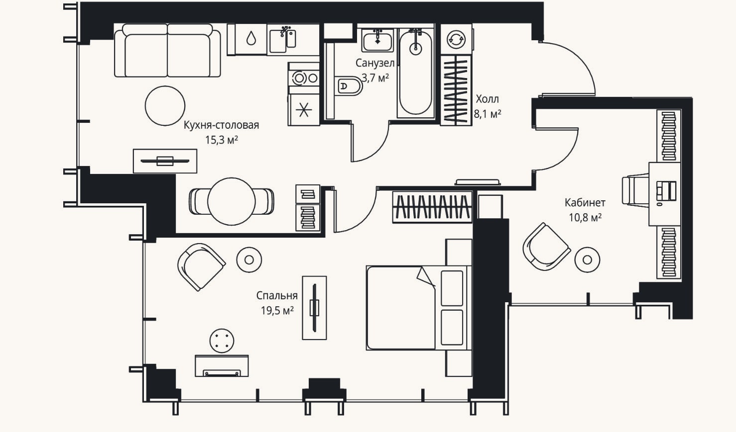 Планировка: 2-к, 57,4 м²