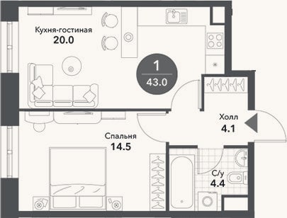 Планировка: 2-к, 43 м²