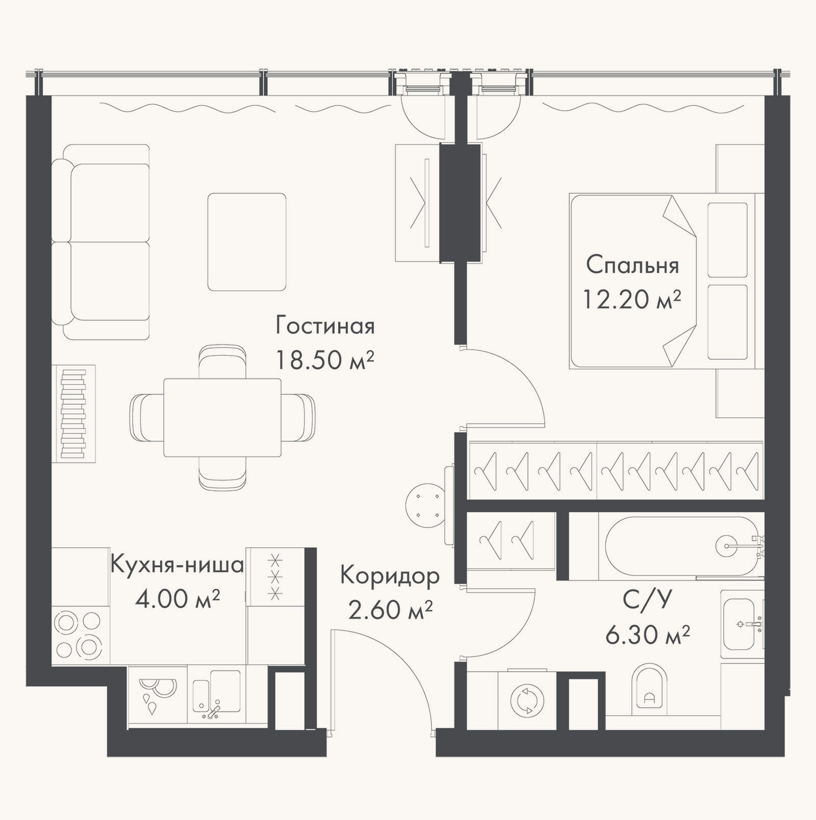Планировка: 2-к, 43,6 м²