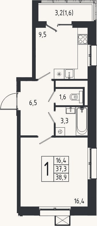 Планировка: 1-к, 37,3 м²