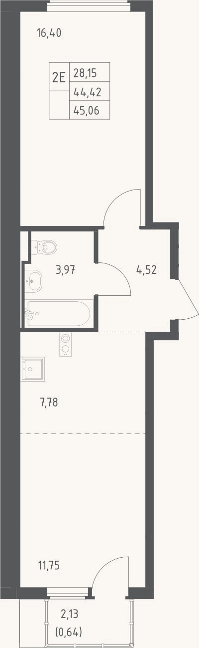 Планировка: 2-к, 44,4 м²