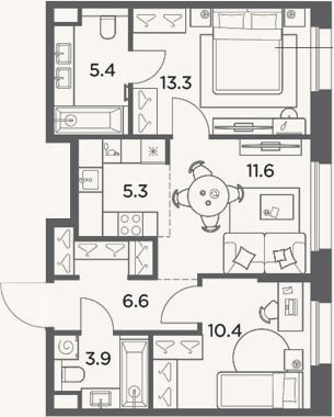 Планировка: 3-к, 56,5 м²