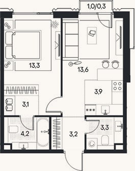 Планировка: 2-к, 44,6 м²