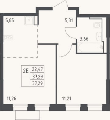 Планировка: 2-к, 37,3 м²