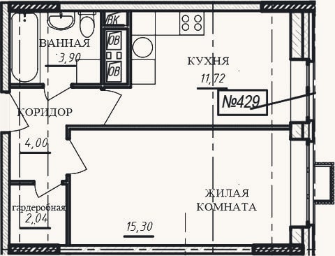 Планировка: 1-к, 37 м²