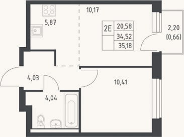 Планировка: 2-к, 34,5 м²