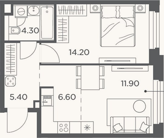 Планировка: 2-к, 44 м²